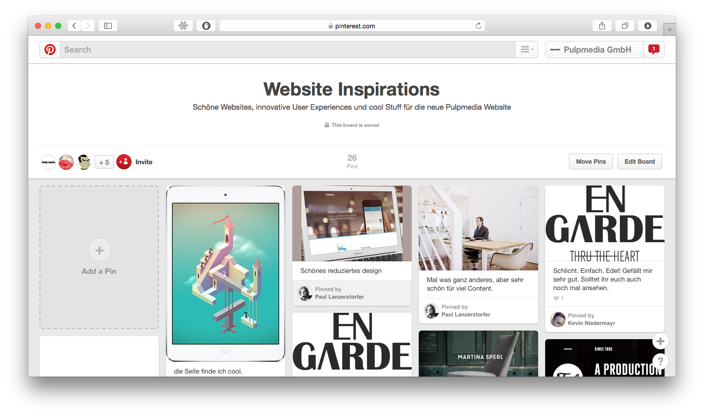 Abbildung: Ein Pinterest-Gruppenboard für Website-Inspirationen